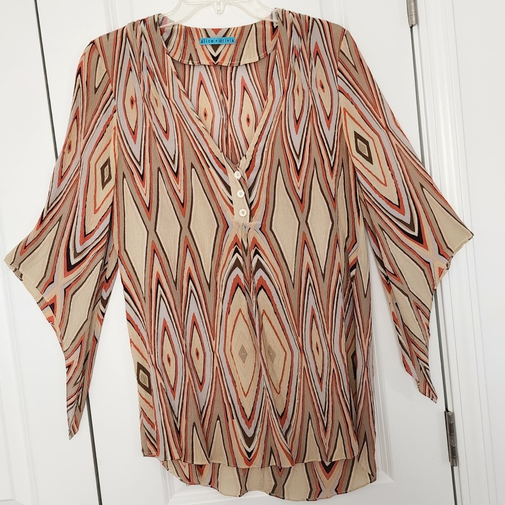 Alice + Olivia Blouse Diamond Print Button Down Flowy Tunic Top Size S